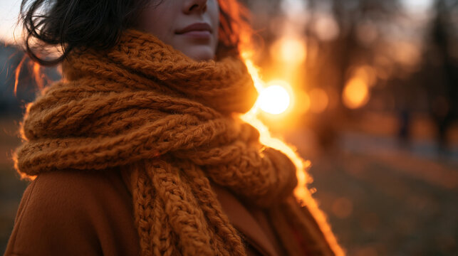 Woman in Warm Knitted Scarf During Autumn Sunset