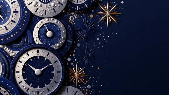 New Year Countdown Clocks and Stars on Dark Blue Background