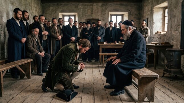 Man Kneeling Before Jewish Elder in Historical Gathering. Concept of jewish elders, rabbi, forgiveness.