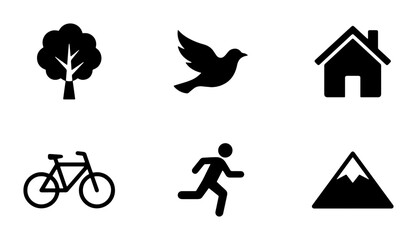 Fototapeta premium Nature and Lifestyle Icons Set: Tree, Bird, House, Bicycle, Runner, Mountain, Vector Graphics for Eco-Friendly Concepts