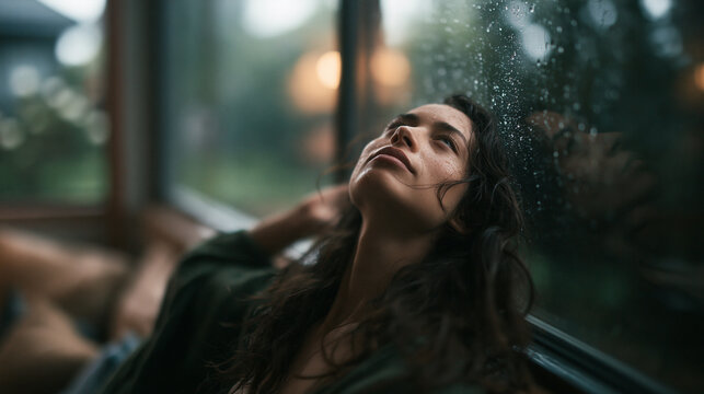 Pensive Young Woman Leaning Against Rainy Window