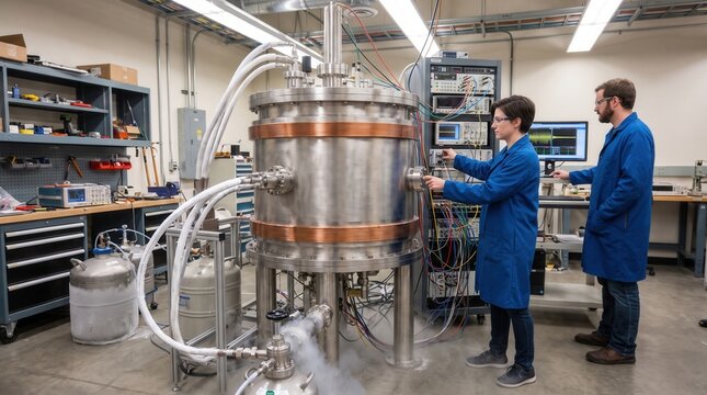 Scientists Operating Quantum Computer Equipment in High Tech Physics Laboratory. Concept of scientist, physics lab, research.