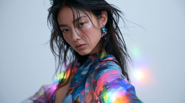 Fashion Portrait of Beautiful Young Asian Woman with Prismatic Light