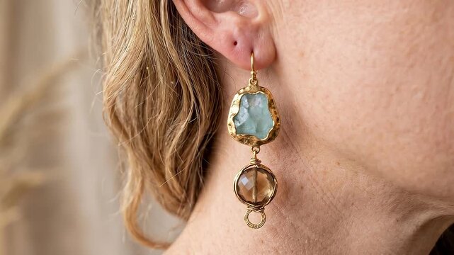 Tracking shot zoom in on dangling gold and aquamarine earrings as woman turns head in indoor studio portrait with neutral backdrop and warm natural light