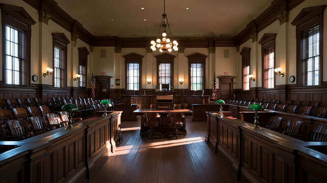 Historic Wooden Courtroom Interior with Judge Bench