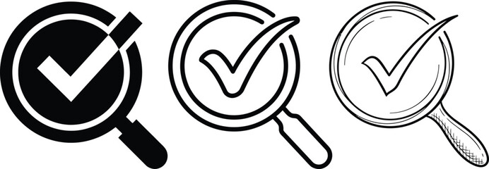 Fototapeta premium Verified Search Icon Set – Magnifying Glass, Checkmark & Quality Control Vector Collection