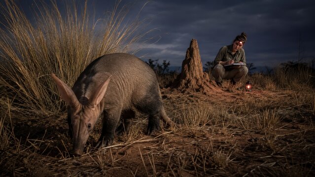 Female Zoologist Observing Nocturnal Aardvark Near Termite Mound in African Savannah at Night. Concept of zacaton, wildlife, researcher. Copy space.