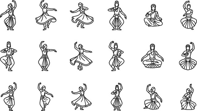 Minimalist Bharatanatyam Kathak dancer women outline doodle set for cultural poster