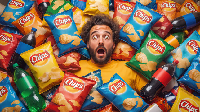 Surprised man lying in pile of potato chips bags and soda bottles. Concept of junk food addiction and unhealthy eating habits.