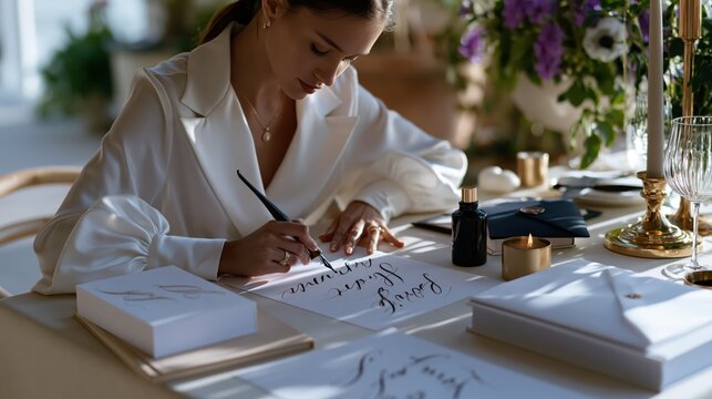 Woman practicing elegant calligraphy with a brush pen at a beautifully styled table during daytime