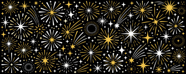 Naklejka premium Festive explosion of gold and white fireworks against a dark background