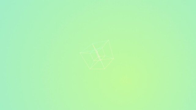 Abstract geometric tesseract wireframe rotating slowly against a soft pastel green gradient backdrop