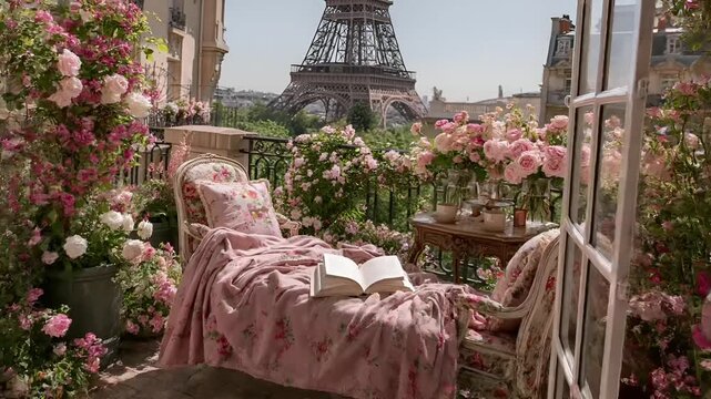 Paris, France, Europe. A vivid portrayal of a romantic balcony overlooking the Eiffel Tower in Paris, France. The balcony is adorned with lush greenery and vibrant pink and white roses.