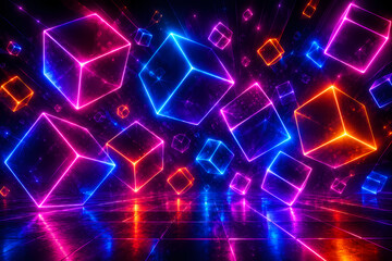 Fototapeta premium Glowing Neon Geometric Cubes on Dark Background – Futuristic Digital Technology, Cyberpunk and Abstract Design