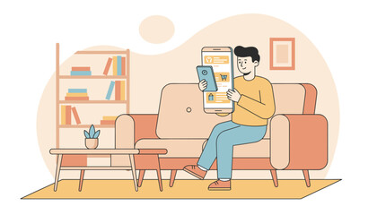Fototapeta premium Young man sits on comfortable couch holding smartphone with shopping app interface at home with bookshelf and coffee table in background.
