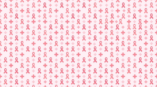 Seamless pattern background with pink breast cancer awareness ribbons and medical plus signs for health charity design projects