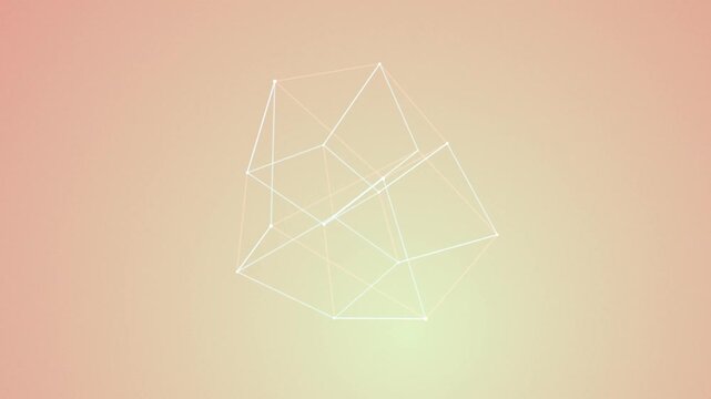 Abstract geometric tesseract wireframe rotating slowly against a soft peach gradient motion design