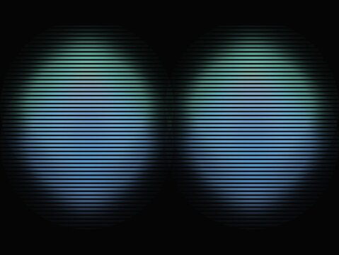 Two large, oval shapes composed of horizontal lines against a black background. The shapes display a gradient of colors, primarily blues and greens, creating a luminous effect. The lines are evenly sp