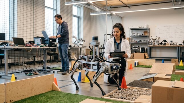 Engineers Testing Autonomous Quadruped Robot Dog in Tech Laboratory. Concept of software engineer, artificial intelligence, robotics engineering.