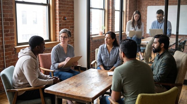Diverse People Group Sitting in Support Circle During Therapy Session in Modern Loft Office. Concept of counseling, mental health.