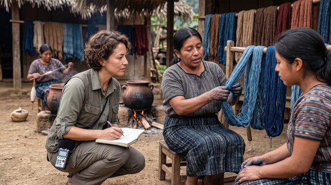 Anthropologist Interviewing Indigenous Artisans Dyeing Yarn Outdoors. Concept of natural dye, textile craft.