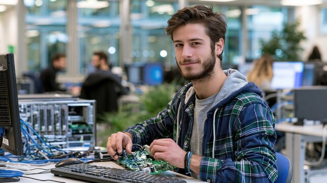 Young man working on computer hardware in a modern office with selective focus