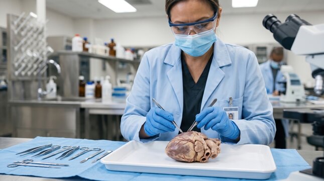 Female Scientist Examining Human Heart Model in Medical Laboratory. Concept of medical lab, research, biology.