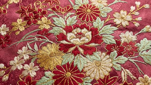 Slow pan close up of embroidered floral silk fabric revealing intricate stitch detail on pink brocade surface in indoor studio lighting for textile study