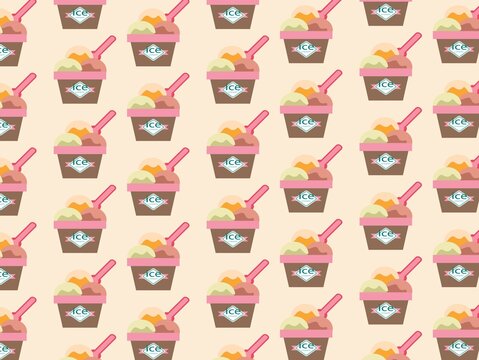 Repeated pattern of ice cream desserts in pink cups with matching spoons on a beige background. Each cup holds three scoops of ice cream in varying shades of pastel orange and light yellow, labeled wi