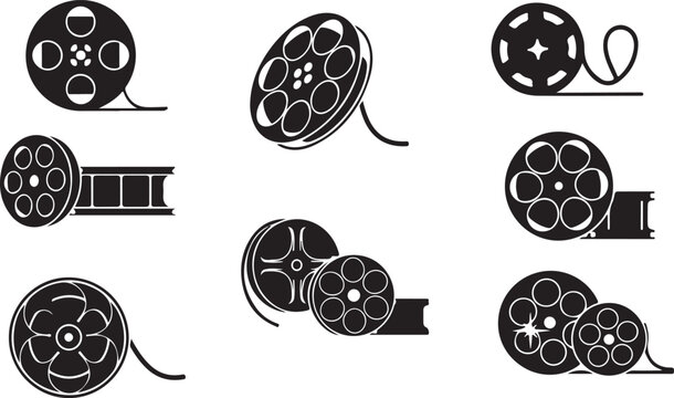 Film reel icons set, vintage movie symbols, cinema roll pictograms, entertainment logo elements