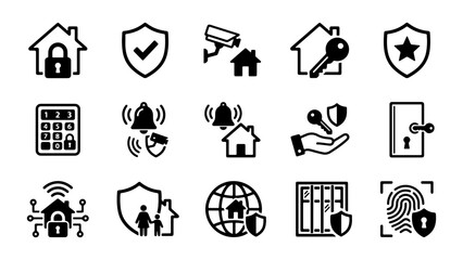 Obraz premium Flat line security icons set with home, cloud, shield, lock, and global network symbols for cyber protection