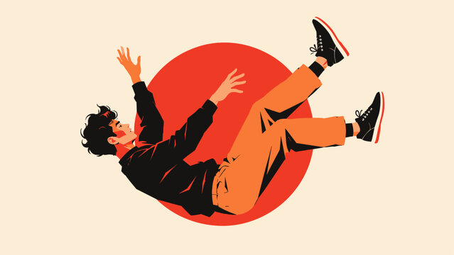 Man falling backward with arms outstretched against a red circle