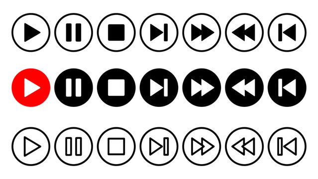 Flat vector media player control icons set with play, pause, stop, rewind, fast forward, record, and volume buttons