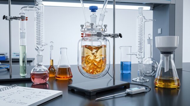 Chemical Laboratory Glassware Equipment for Synthesis and Scientific Research. Concept of chemistry lab, chemical reactor, science research.