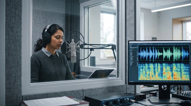 Female Voice Actor Recording Audio in Professional Soundproof Studio. Concept of voiceover, podcasting, microphone, voice actress.