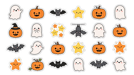 Obraz premium Cute Halloween Vector Illustration Featuring Ghosts Pumpkins Bats and Stars