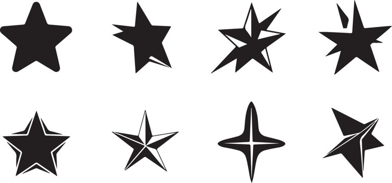 Set of 12 Black Star Icons, Vector Symbols, Silhouette Signs, Graphics Elements