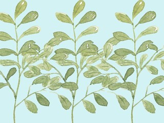 Watercolor painting features olive green branches with elliptical leaves against a light blue background. The branches are vertically aligned, showcasing a repeated pattern. Each leaf has a subtle gra © ALEXO444