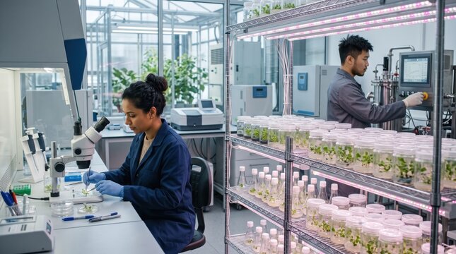 Diverse Scientists Conducting Plant Research and Biotechnology Experiments in Modern Laboratory. Concept of scientist, botany lab, agricultural science.