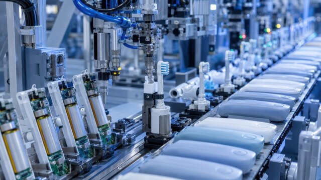 Automated Factory Assembly Line Producing Electric Toothbrushes. Concept of toothbrush, motor, battery.