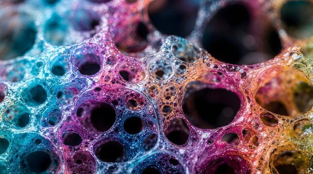Micro Close-Up View of Intricate White Porous Foam and Cellular Network Texture