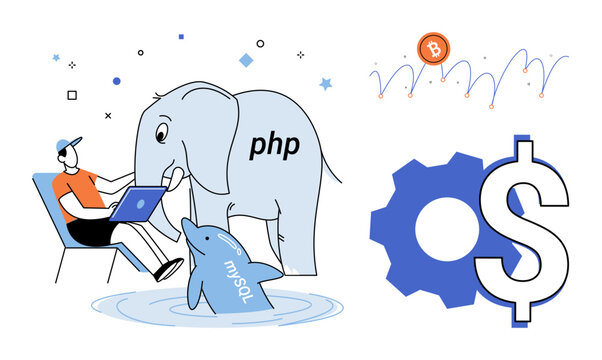 Developer working on laptop with PHP elephant and MySQL dolphin vector illustration. Programming, database management, web development, cryptocurrency, financial technology, coding. Software engineer