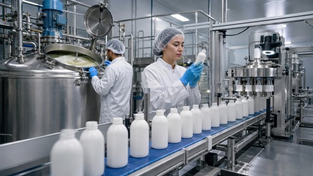 Female Quality Inspector Examining Plastic Bottle at Automated Conveyor Belt in Modern Factory. Concept of shampoo, liquid, mixing, filling.