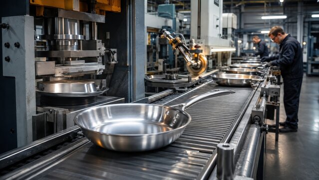 Stainless Steel Frying Pans Manufacturing on Factory Conveyor Line. Concept of pan.