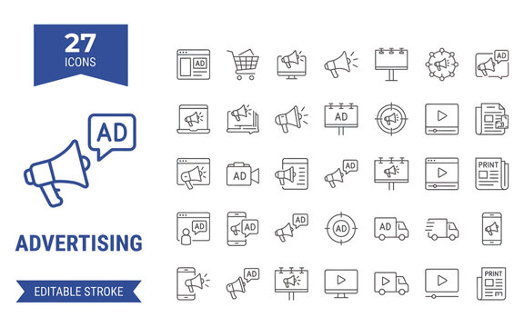 Advertising marketing campaign linear icons set featuring megaphone symbols for digital brand promotion.