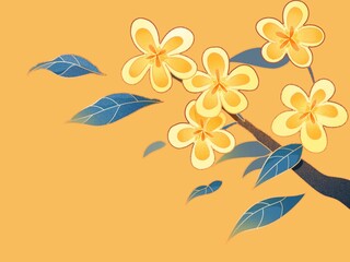 Illustration of stylized Plumeria flowers in vibrant yellow with white edges. Illustration of stylized Plumeria flowers (Apocynaceae family) in vibrant yellow with white edges, positioned on a brown b © ALEXO444