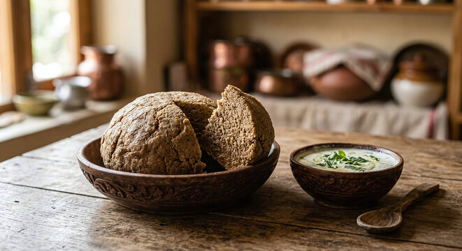 Ladakhi paba barley porridge tangtur buttermilk dip, Dense barley porridge with creamy buttermilk dip