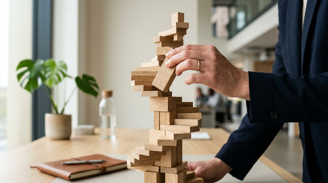 Businessman carefully placing a wooden block on an unstable tower in a modern office