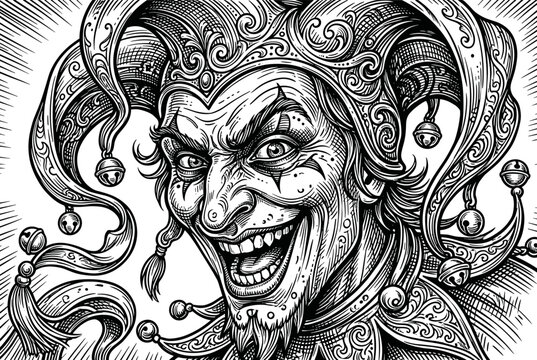 Intricate black and white illustration of a grinning jester with bells and ornate costume