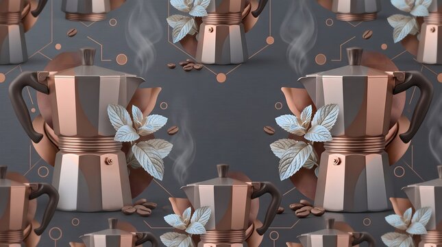 Vintage copper moka pot pattern, metallic coffee maker, seamless cafe background